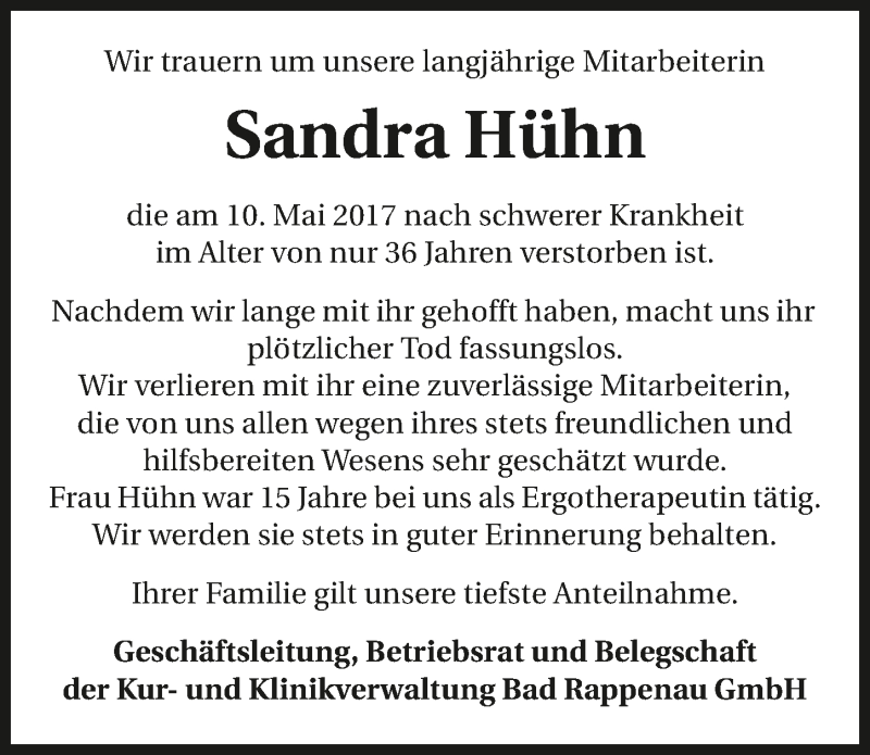  Traueranzeige für Sandra Hühn vom 16.05.2017 aus 