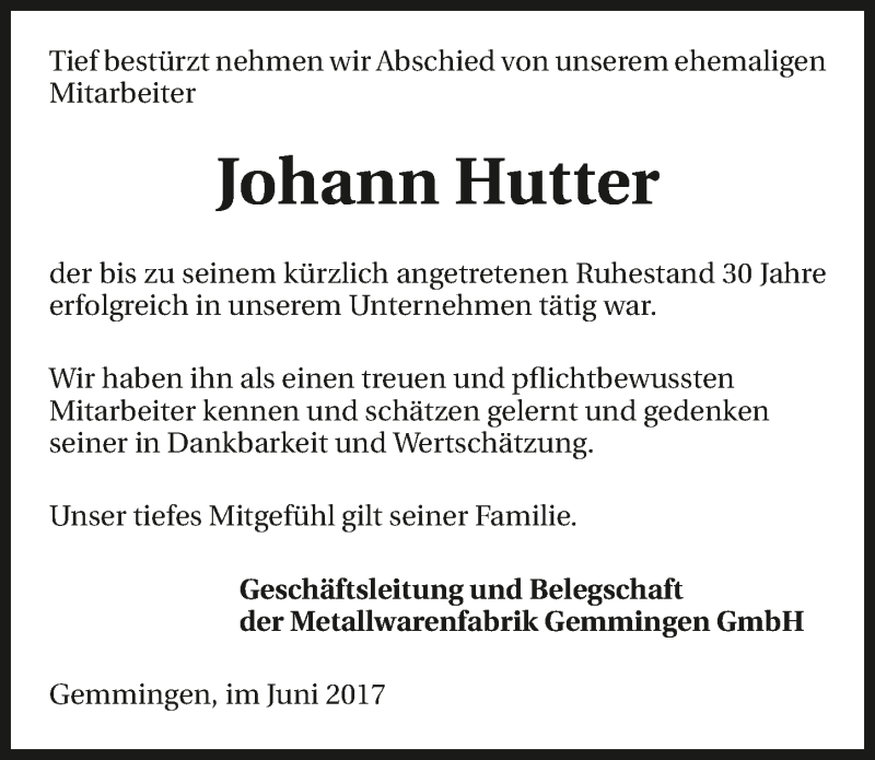  Traueranzeige für Johann Hutter vom 01.06.2017 aus 