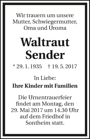 Traueranzeige von Waltraut Sender 