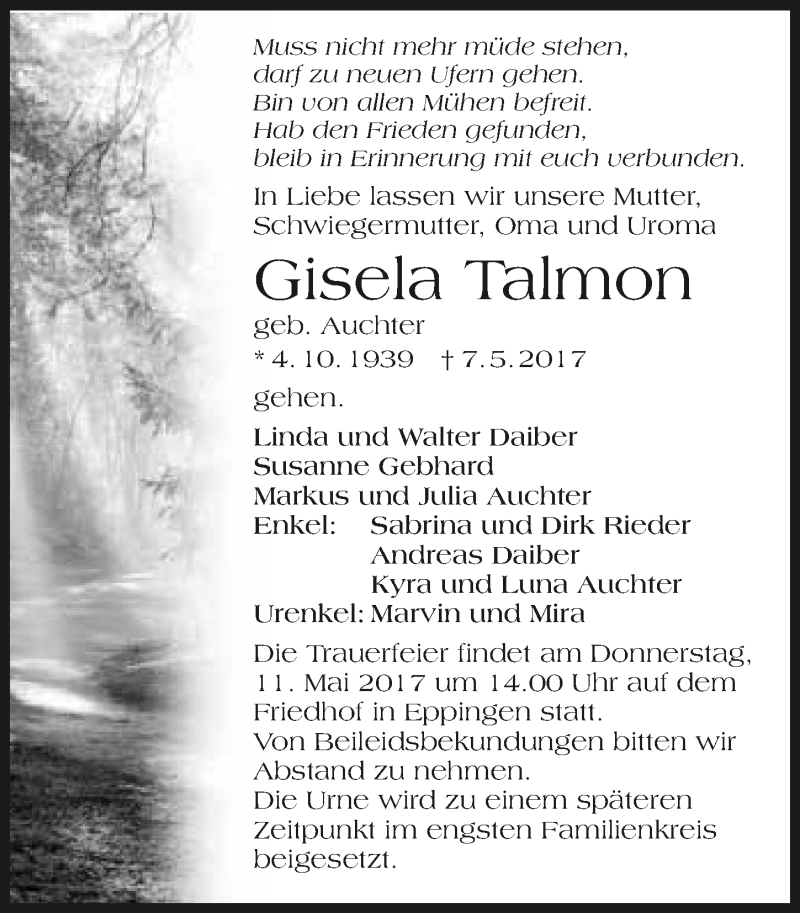  Traueranzeige für Gisela Talmon vom 10.05.2017 aus 