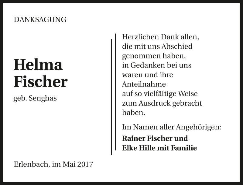  Traueranzeige für Helma Fischer vom 06.05.2017 aus 