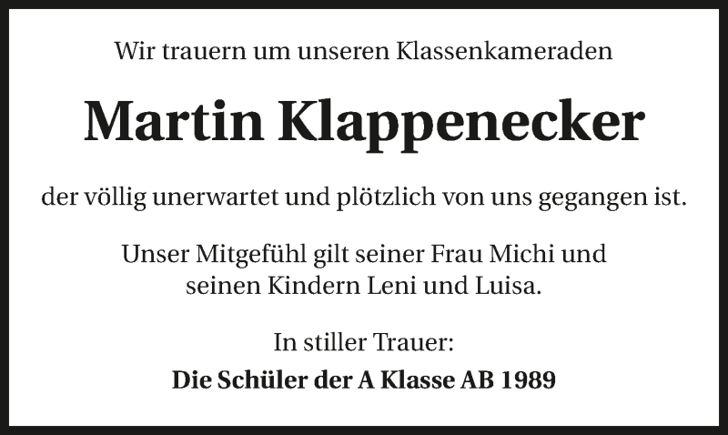  Traueranzeige für Martin Klappenecker vom 01.06.2017 aus 