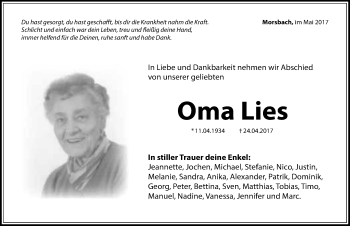 Traueranzeige von Elisabetha Layer 