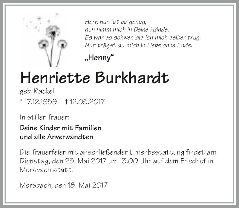  Traueranzeige für Henriette Burkhardt vom 18.05.2017 aus 