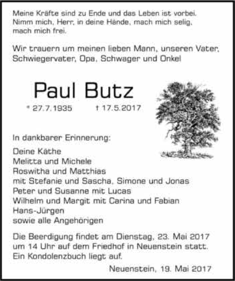  Traueranzeige für Paul Butz vom 19.05.2017 aus 
