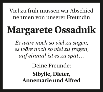 Traueranzeige von Margarete Ossadnik 