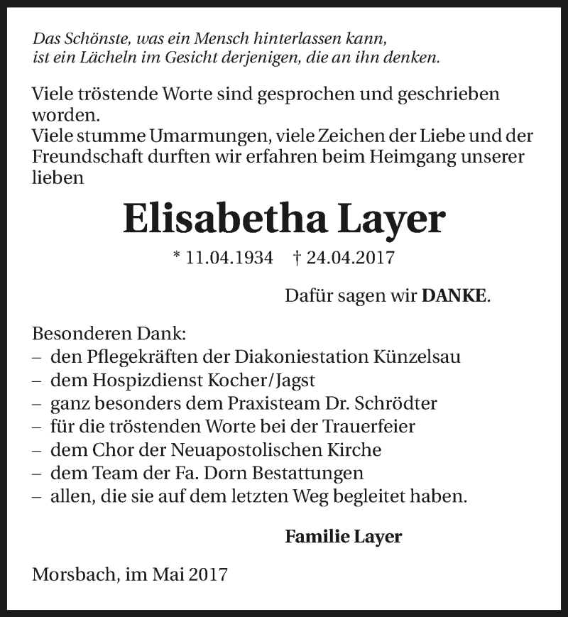  Traueranzeige für Elisabetha Layer vom 26.05.2017 aus 