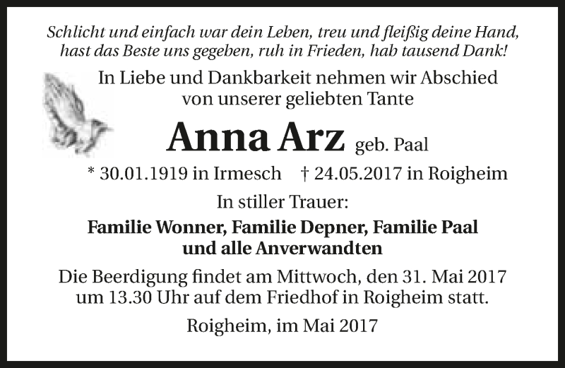  Traueranzeige für Anna Arz vom 27.05.2017 aus 