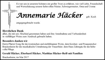 Traueranzeige von Annemarie Häcker 