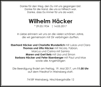 Traueranzeige von Wilhelm Häcker 