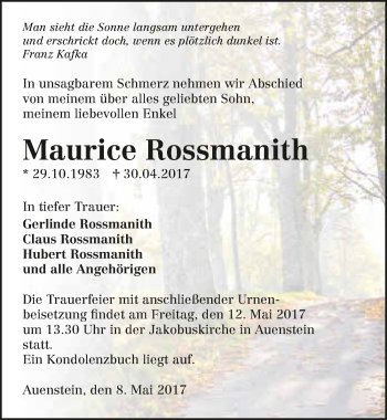 Traueranzeige von Maurice Rossmanith 