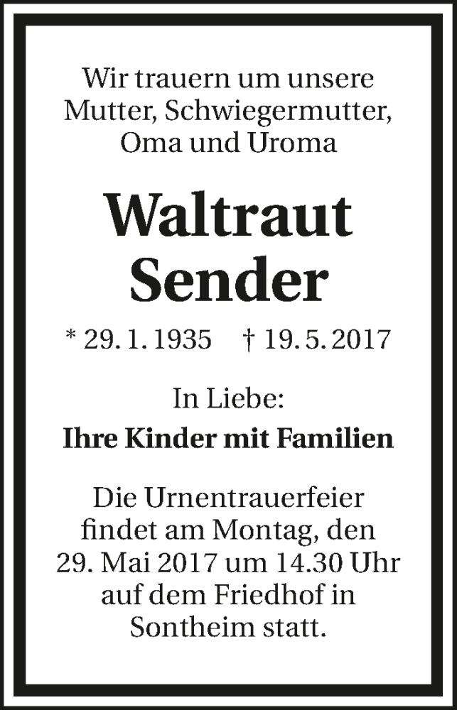  Traueranzeige für Waltraut Sender vom 24.05.2017 aus 