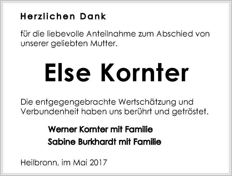  Traueranzeige für Else Kornter vom 13.05.2017 aus 