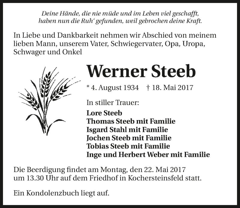  Traueranzeige für Werner Steeb vom 20.05.2017 aus 