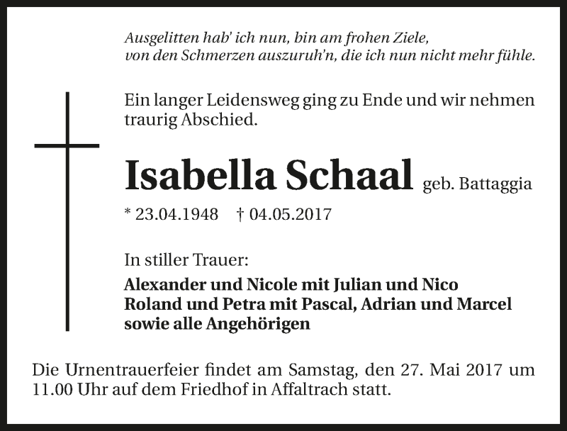  Traueranzeige für Isabella Schaal vom 20.05.2017 aus 