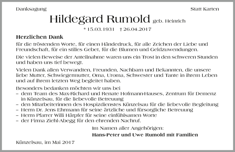  Traueranzeige für Hildegard Rumold vom 27.05.2017 aus 
