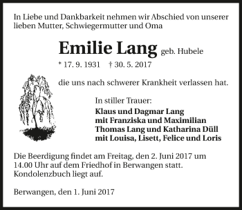 Traueranzeige von Emilie Lang 