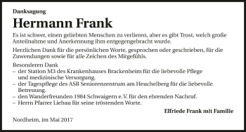 Traueranzeige von Hermann Frank 