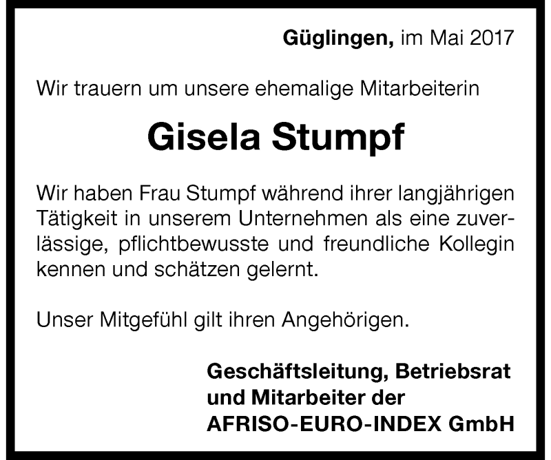  Traueranzeige für Gisela Stumpf vom 04.05.2017 aus 