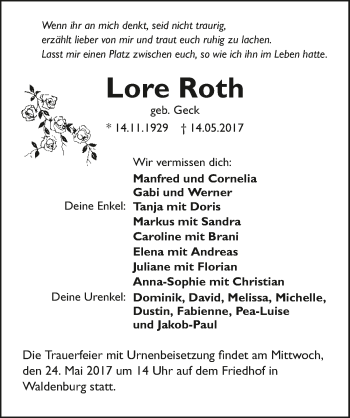 Traueranzeige von Lore Roth 