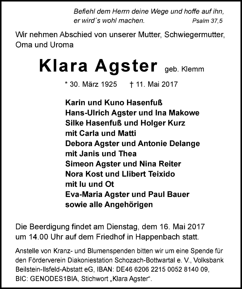 Traueranzeige für Klara Agster vom 13.05.2017 aus 