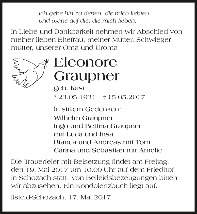  Traueranzeige für Eleonore Graupner vom 17.05.2017 aus 