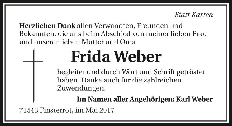  Traueranzeige für Frida Weber vom 06.05.2017 aus 