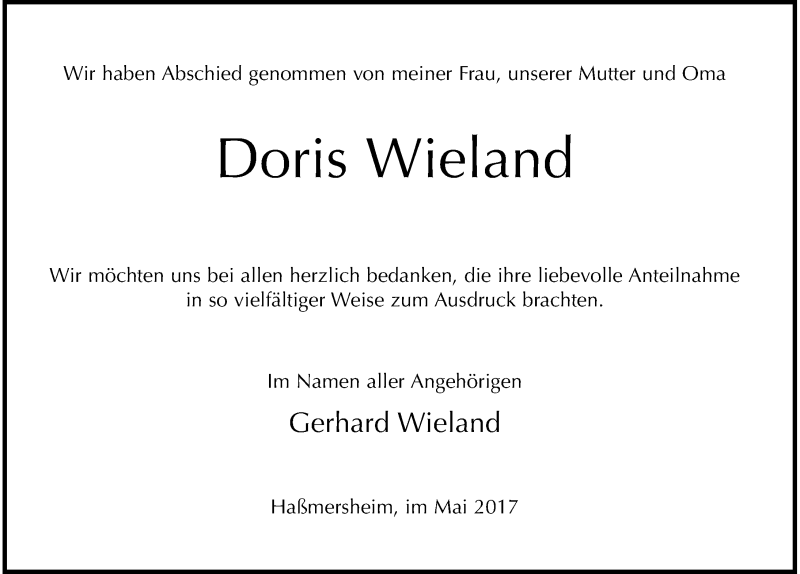  Traueranzeige für Doris Wieland vom 06.05.2017 aus 