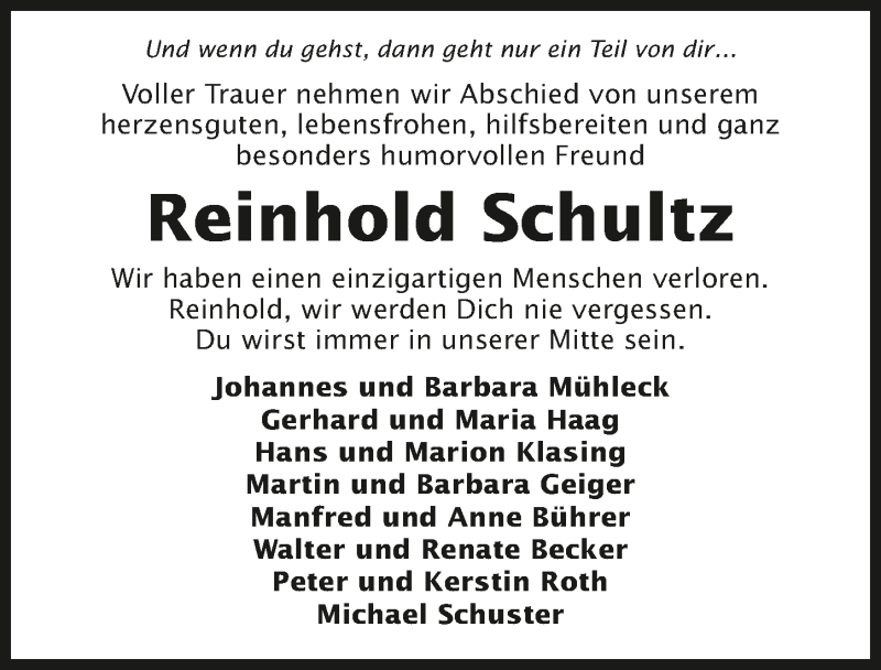  Traueranzeige für Reinhold Schultz vom 20.05.2017 aus 