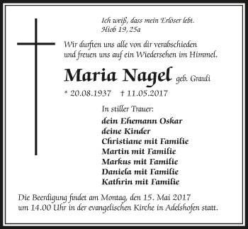 Traueranzeige von Maria Nagel 