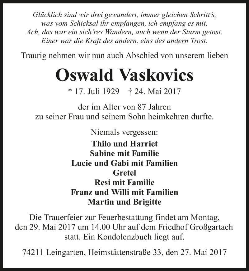  Traueranzeige für Oswald Vascovics vom 27.05.2017 aus 