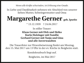 Traueranzeige von Margarethe Gerner 