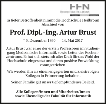 Traueranzeige von Artur Brust 