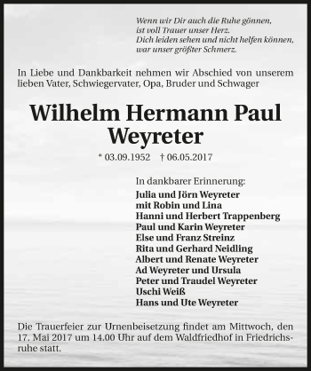 Traueranzeige von Wilhelm Hermann Paul Weyreter 