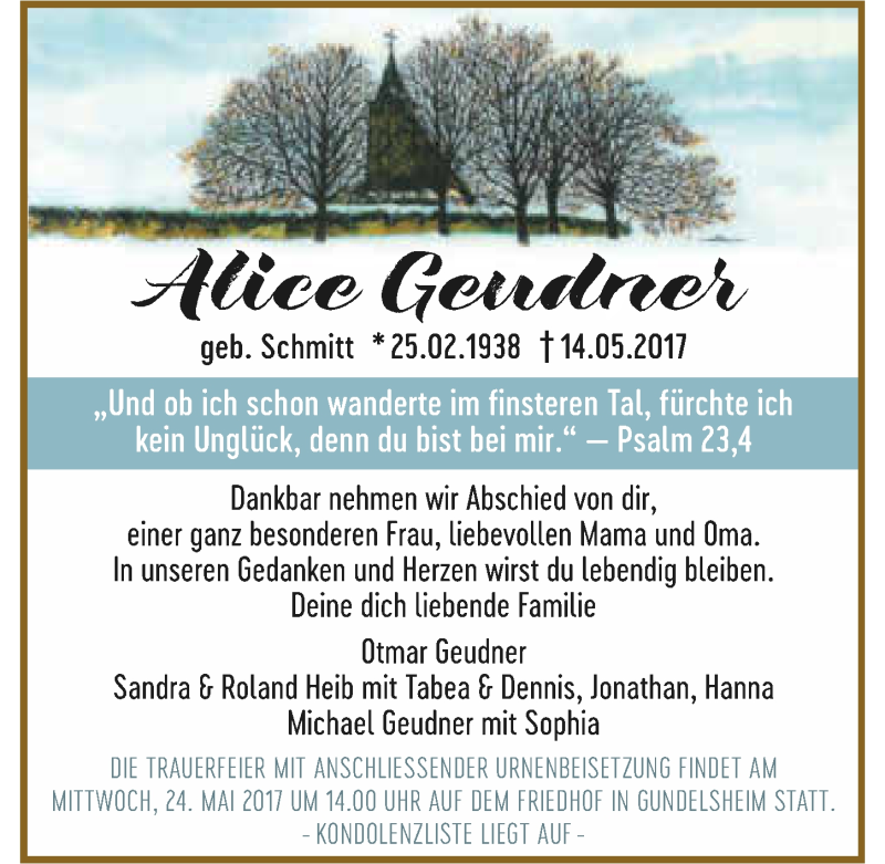  Traueranzeige für Alice Geudner vom 20.05.2017 aus 