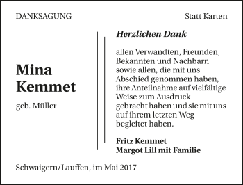 Traueranzeige von Mina Kemmet 