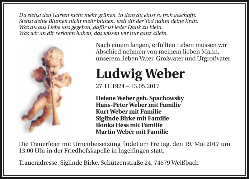  Traueranzeige für Ludwig Weber vom 17.05.2017 aus 