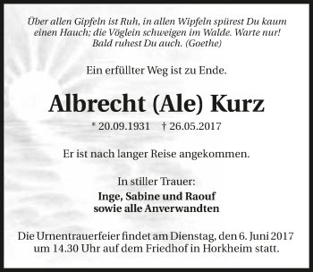 Traueranzeige von Albrecht Kurz 