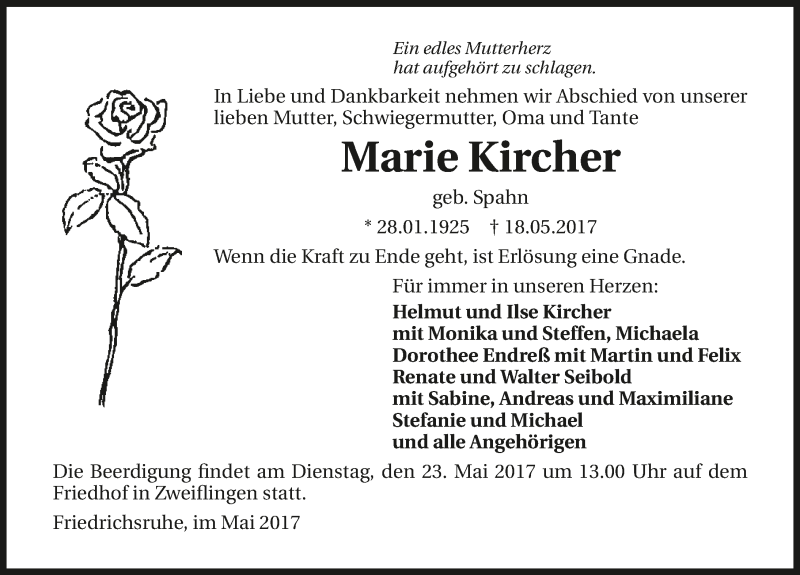  Traueranzeige für Marie Kircher vom 20.05.2017 aus 