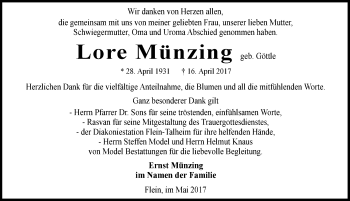 Traueranzeige von Lore Münzing 