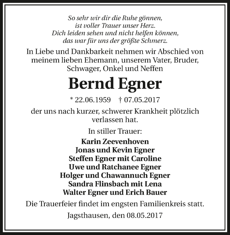  Traueranzeige für Bernd Egner vom 10.05.2017 aus 