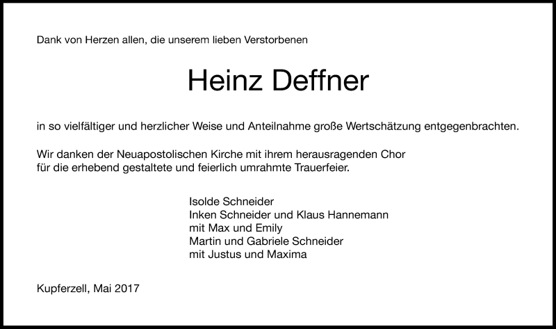  Traueranzeige für Heinz Deffner vom 27.05.2017 aus 