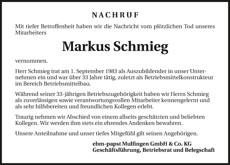  Traueranzeige für Markus Schmieg vom 31.05.2017 aus 