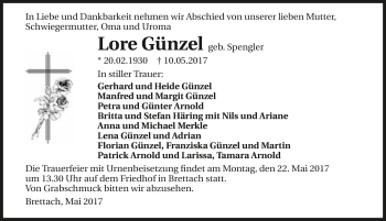 Traueranzeige von Lore Günzel 