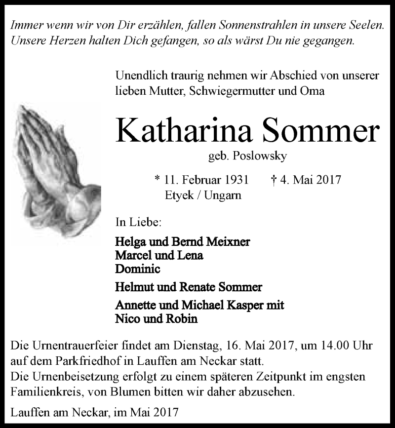  Traueranzeige für Katharina Sommer vom 10.05.2017 aus 