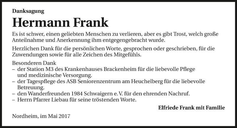  Traueranzeige für Hermann Frank vom 06.05.2017 aus 