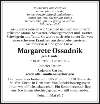 Traueranzeige von Margarete Ossadnik 