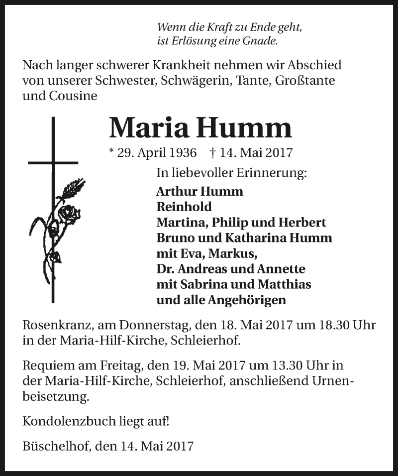  Traueranzeige für Maria Humm vom 17.05.2017 aus 