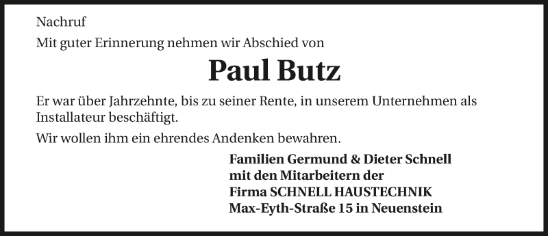  Traueranzeige für Paul Butz vom 23.05.2017 aus 