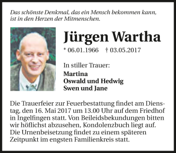 Traueranzeige von Jürgen Wartha 